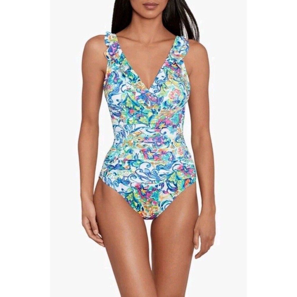 LAUREN Ralph Lauren Swimsuit Sz 8 Ruffle V-neck One Piece Multi Print - Picture 13 of 15